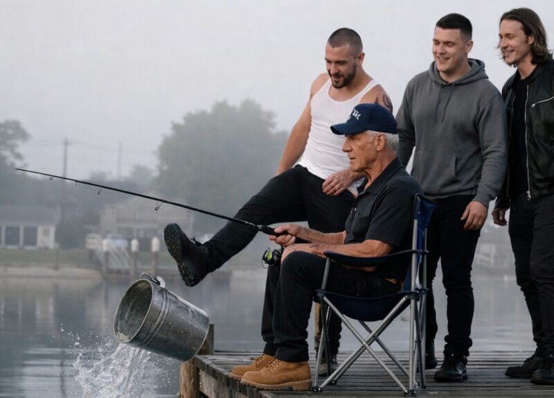 An elderly man was sitting calmly on the edge of an old wooden pier, fishing, when three young people approached him with smug smiles — but they had no idea how their encounter would end… 😲