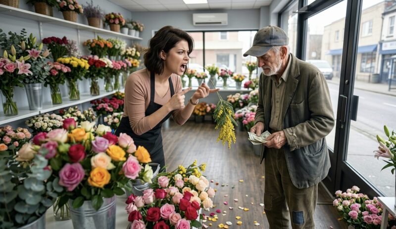 She humiliated a poor old man with a broken flower… but what he said next left everyone speechless.
